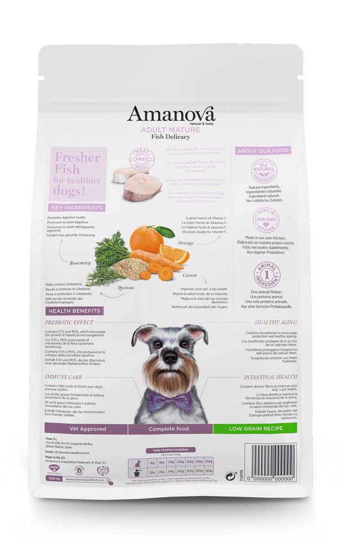 Amanova Adult Mature Fish Delicacy Low Grain Xira Trofi me Lig Sitira ga Ilikiomenous Skulous me Psaria 10Kg